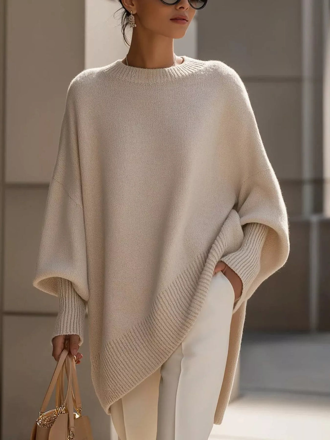Dame oversized striktrøje med rund hals og ribstrikkede ærmer