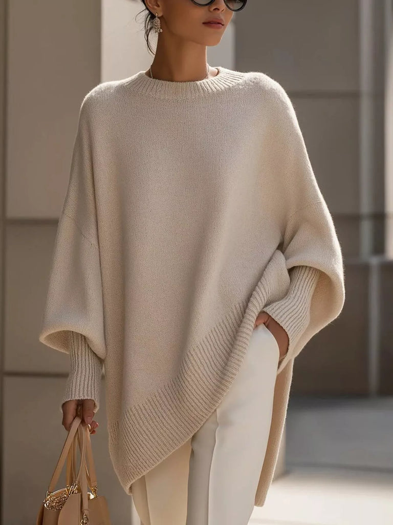 Dame Oversized Striktrøje, Rund Hals, Ribstrikkede Ærmer