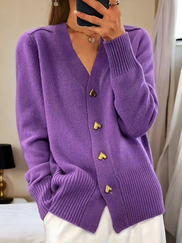 Cardigan da donna in maglia con bottoni a cuore, scollo a V e maniche lunghe