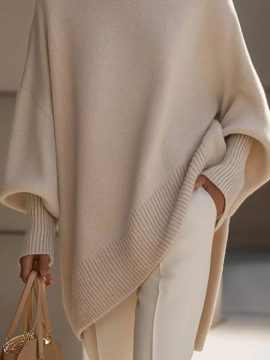 Dame oversized striktrøje med rund hals og ribstrikkede ærmer