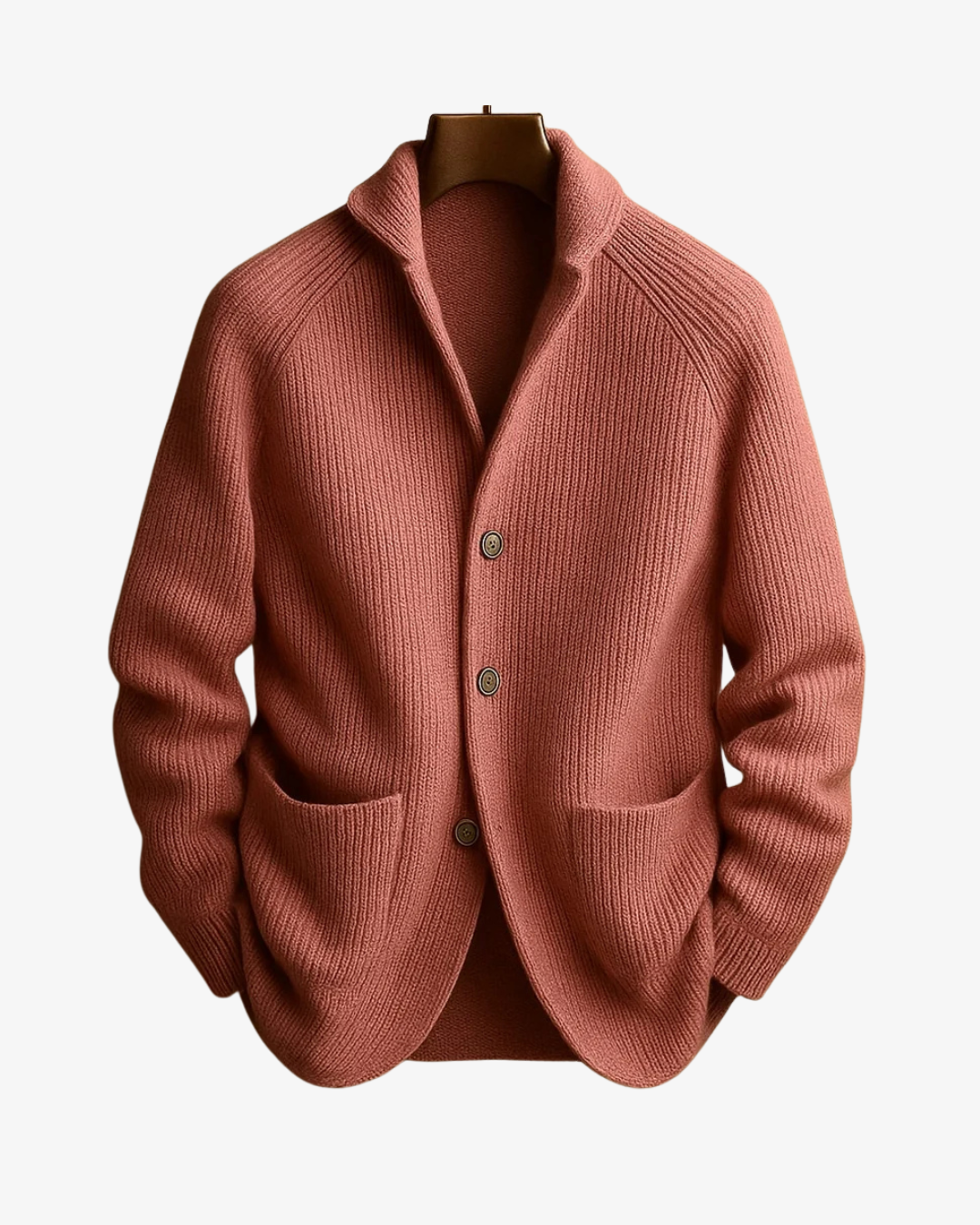 Herrecardigan i ribstrik med sjalskrave, knapper og to forlommer