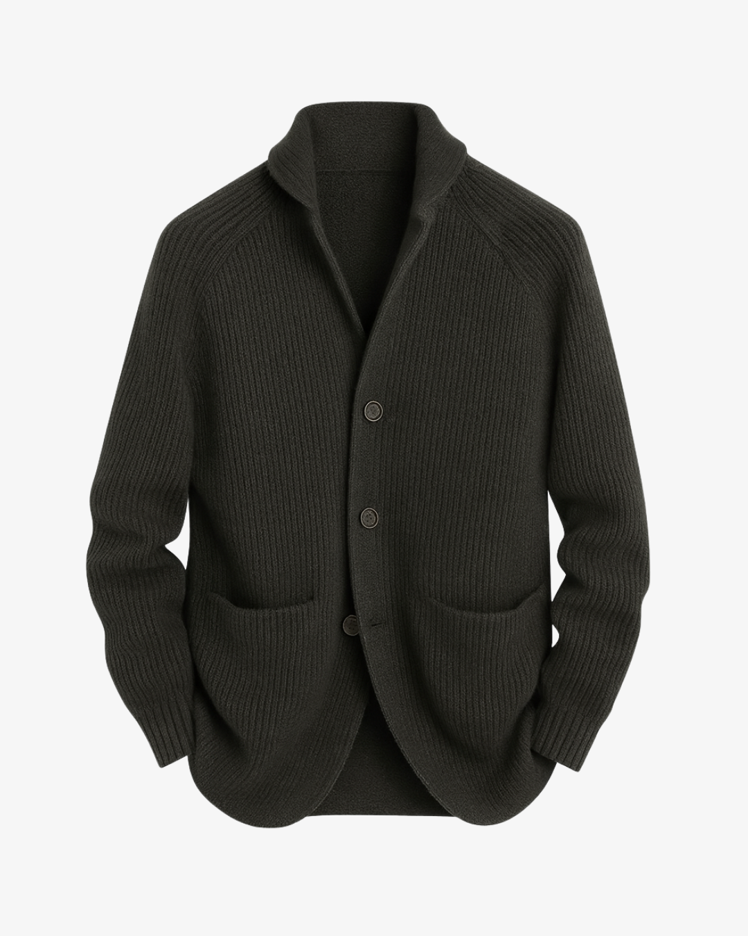 Herrecardigan i ribstrik med sjalskrave, knapper og to forlommer