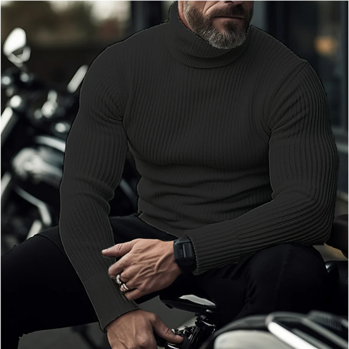 Herre ribstrikket rullekravesweater med lange ærmer og tætsiddende pasform