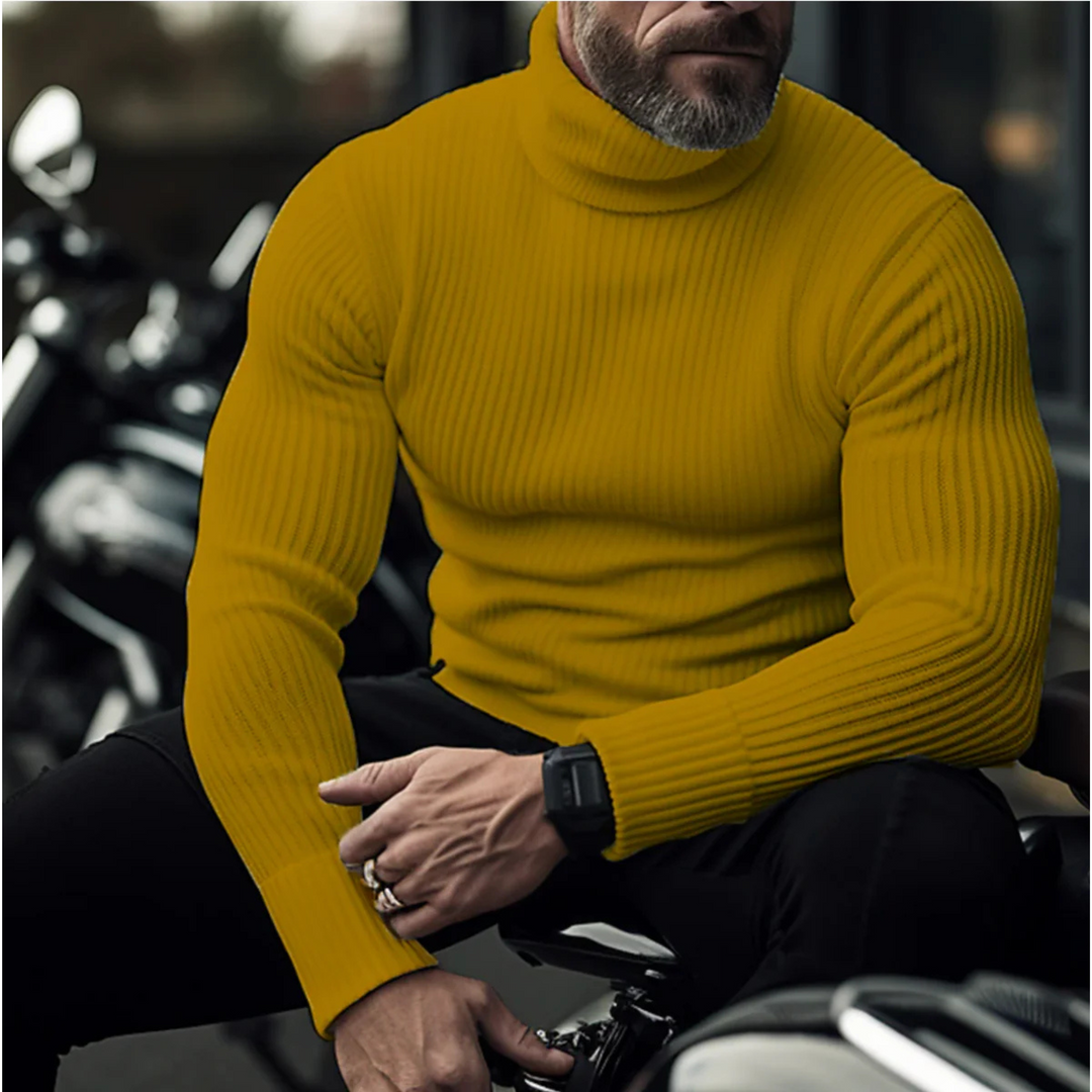 Herre ribstrikket rullekravesweater med lange ærmer og tætsiddende pasform