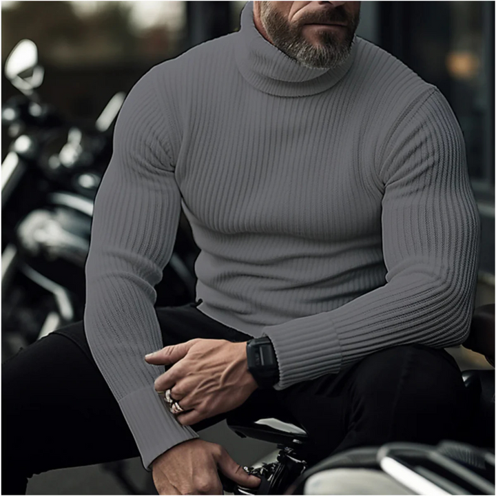 Herre ribstrikket rullekravesweater med lange ærmer og tætsiddende pasform