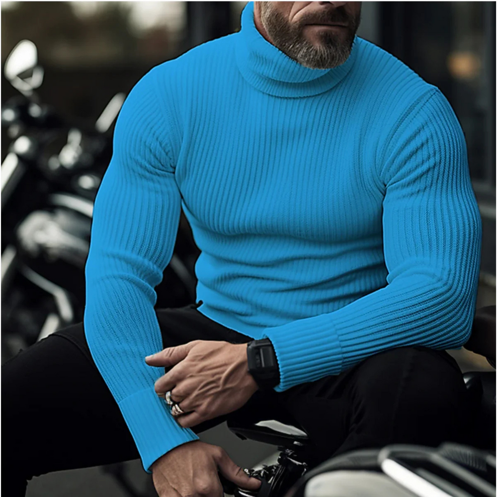 Herre ribstrikket rullekravesweater med lange ærmer og tætsiddende pasform