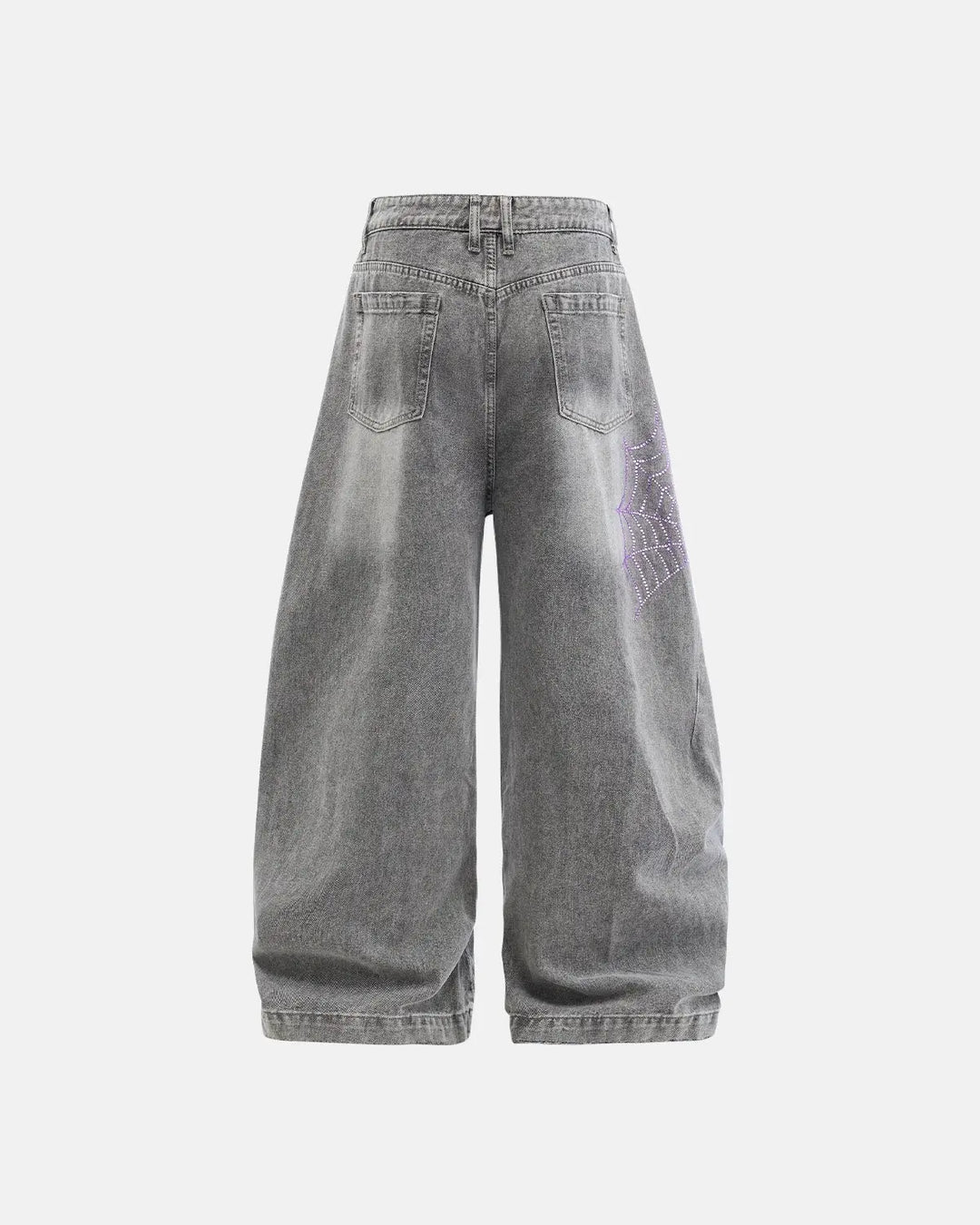 Lysegrå damejeans med vid pasform og lilla spindelmotiver med rhinsten
