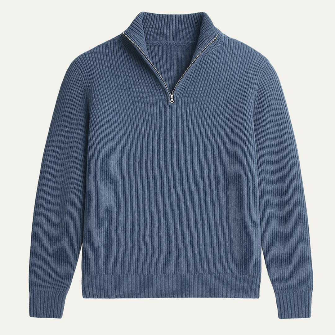 Herresweater i ribstrik med høj krave og halv lynlås
