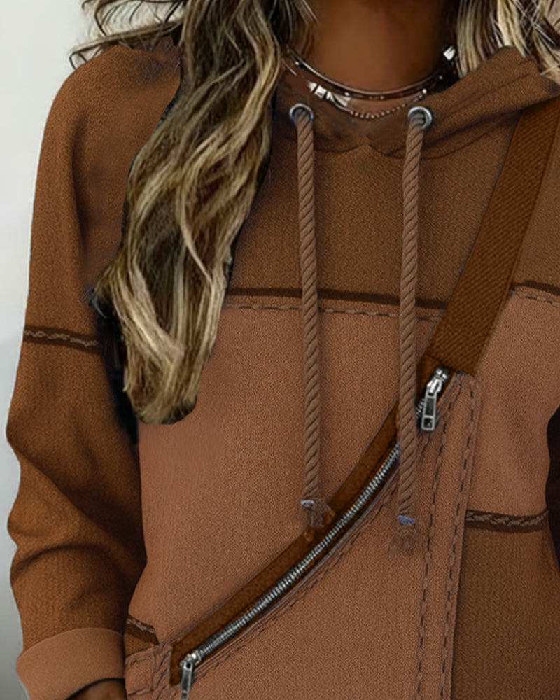 Damehættetrøje med farveblokke, hætte, lange ærmer og lynlåslommer