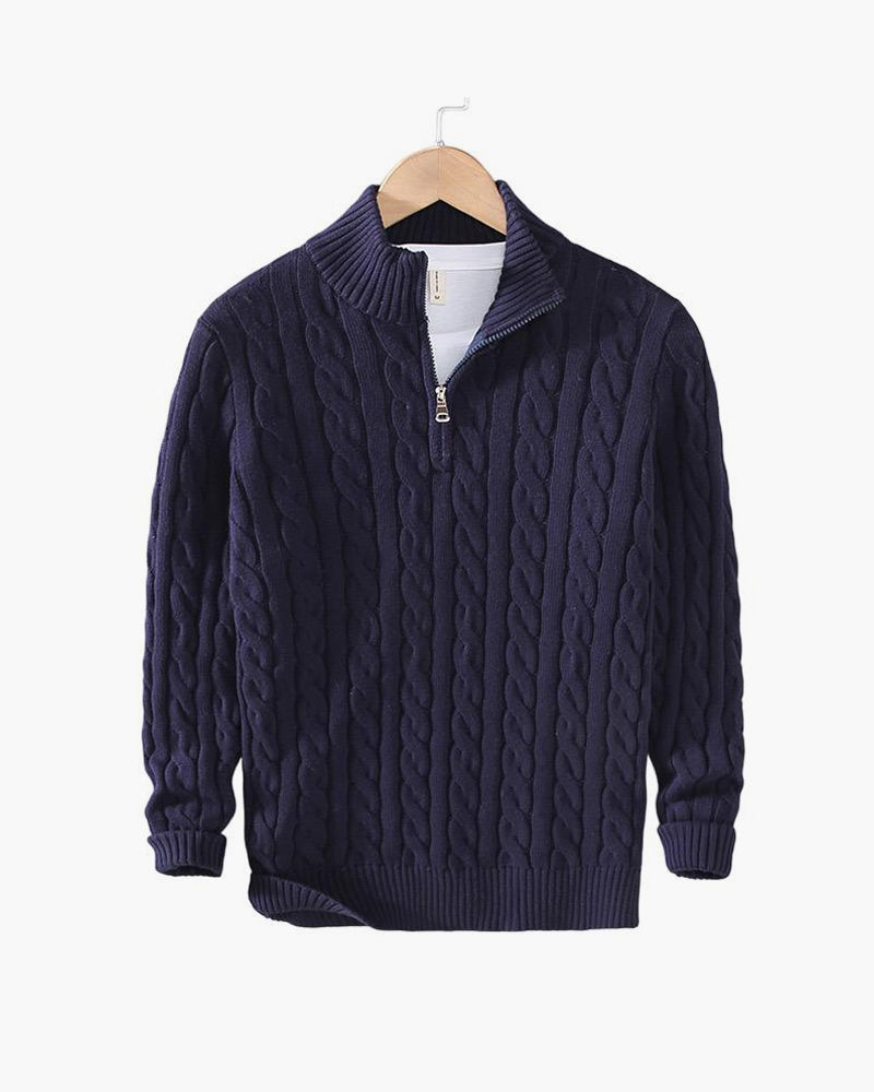 Herresweater med kabelstrik, høj krave og kort lynlås