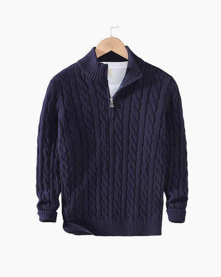 Herresweater med kabelstrik, høj krave og kort lynlås