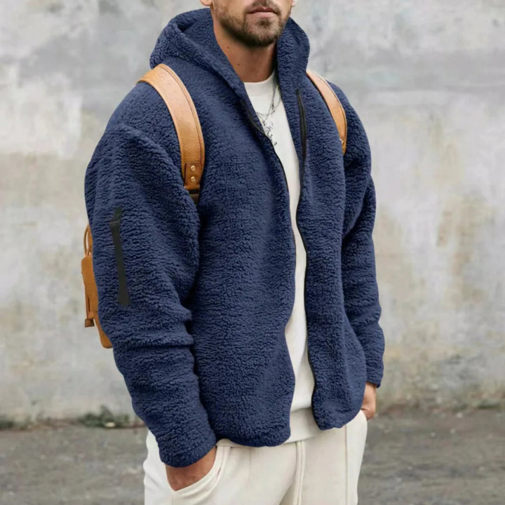 Herre hættejakke i teddyfleece med lynlås og lange ærmer