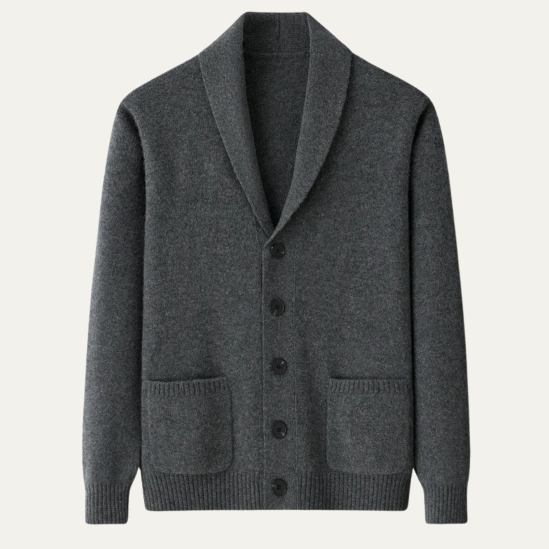 Herrecardigan med sjalskrave, knapper, lange ærmer og forlommer