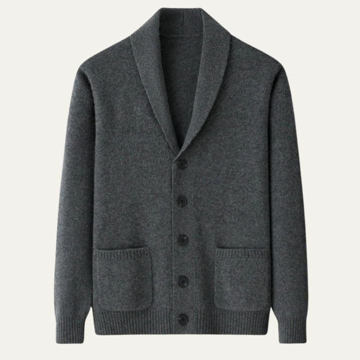 Herrecardigan med sjalskrave, knapper, lange ærmer og forlommer