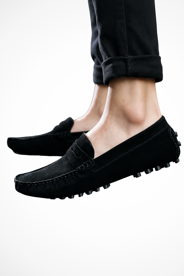 Herre loafers med mokkasinsyning, pyntestykke og rillet flad sål