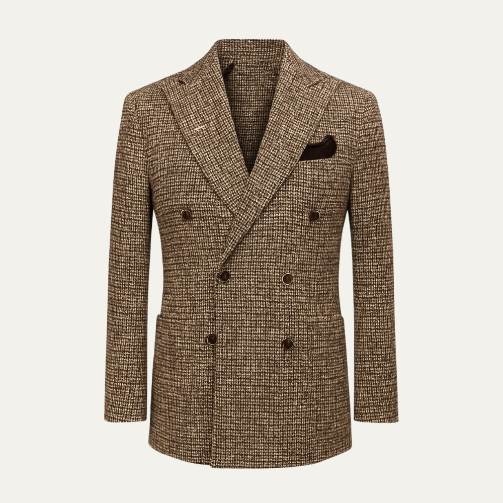 Brun dobbeltknappet herreblazer med sildebensmønster og reverskrave