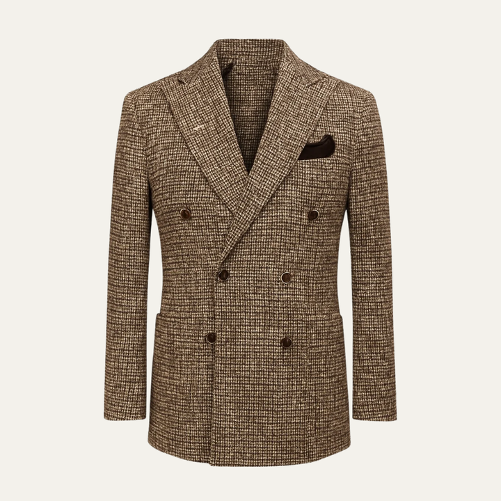 Brun dobbeltknappet herreblazer med sildebensmønster og reverskrave