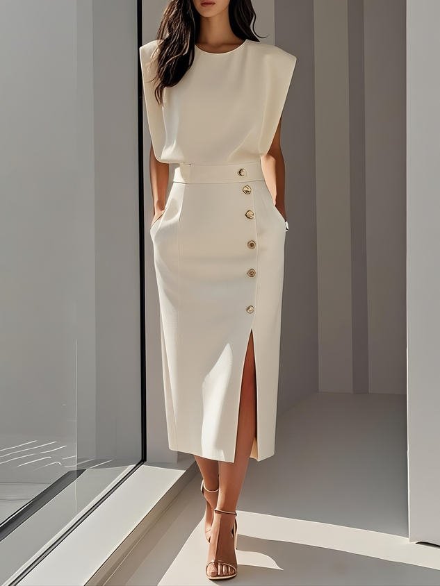 Women's Button Detail Sleeveless Midi Dress
