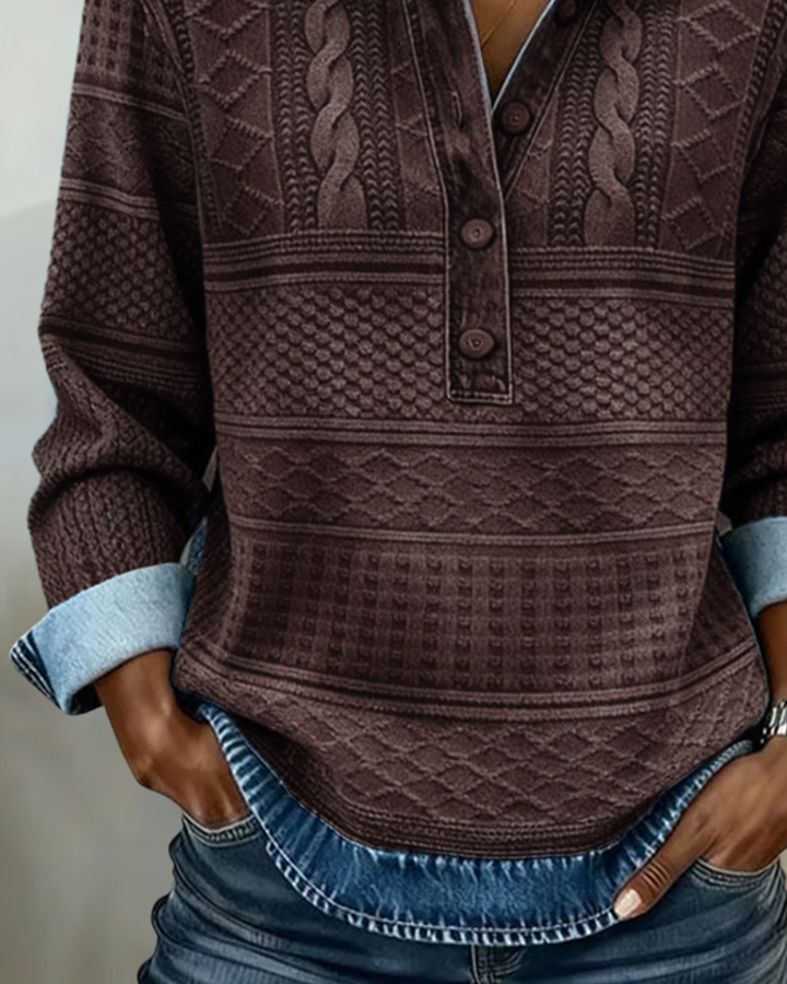 Dame sweatshirt med skjortekrave og strukturmønster
