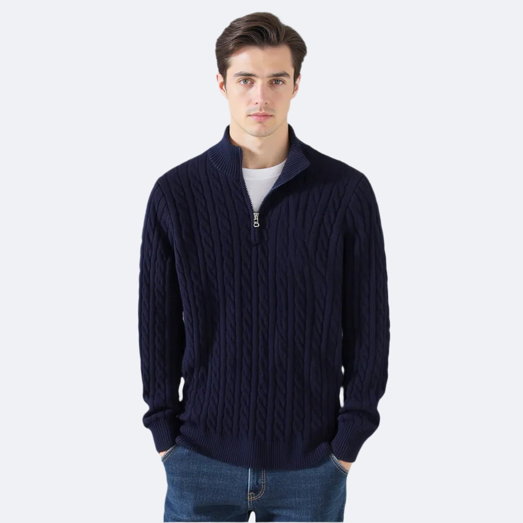 Herresweater med kabelstrik, høj krave og kort lynlås