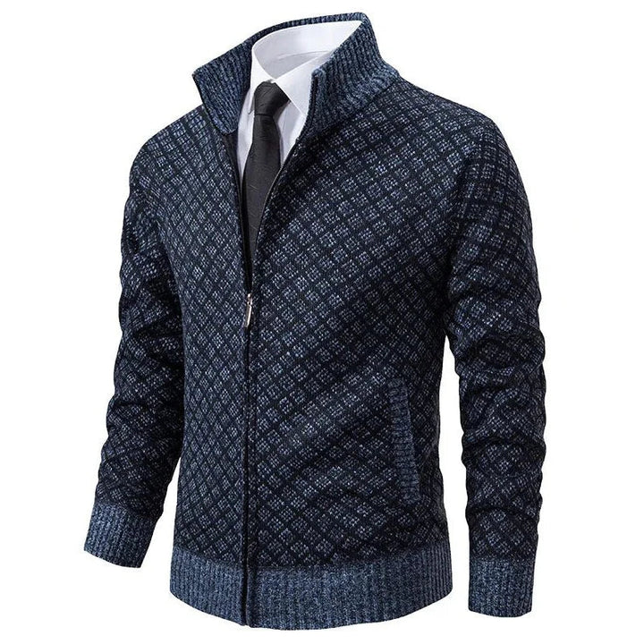Herrecardigan med diamantmønster, høj krave og lynlåslukning