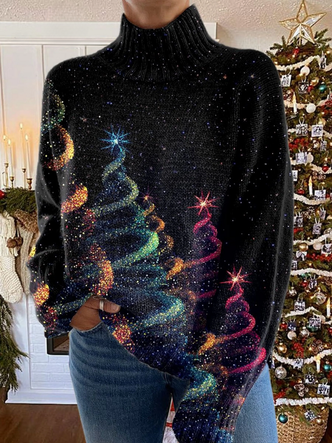 Jultröja dam med polokrage, långa ärmar och glitter