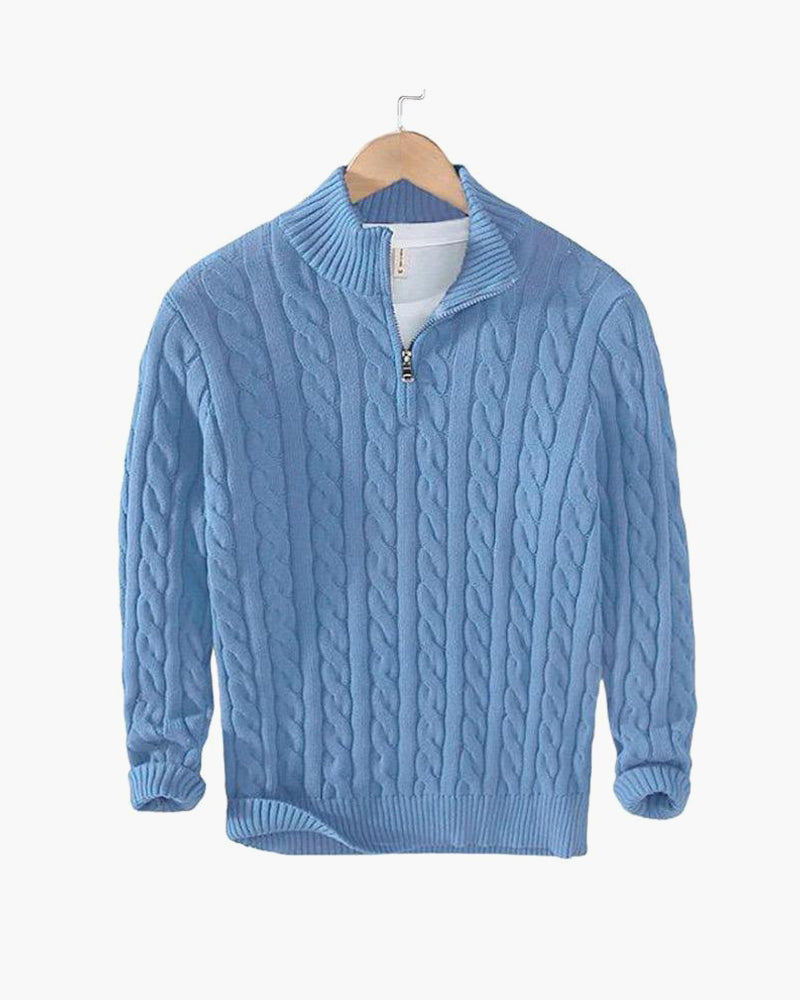 Herresweater med kabelstrik, høj krave og kort lynlås