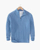 Herresweater med kabelstrik, høj krave og kort lynlås