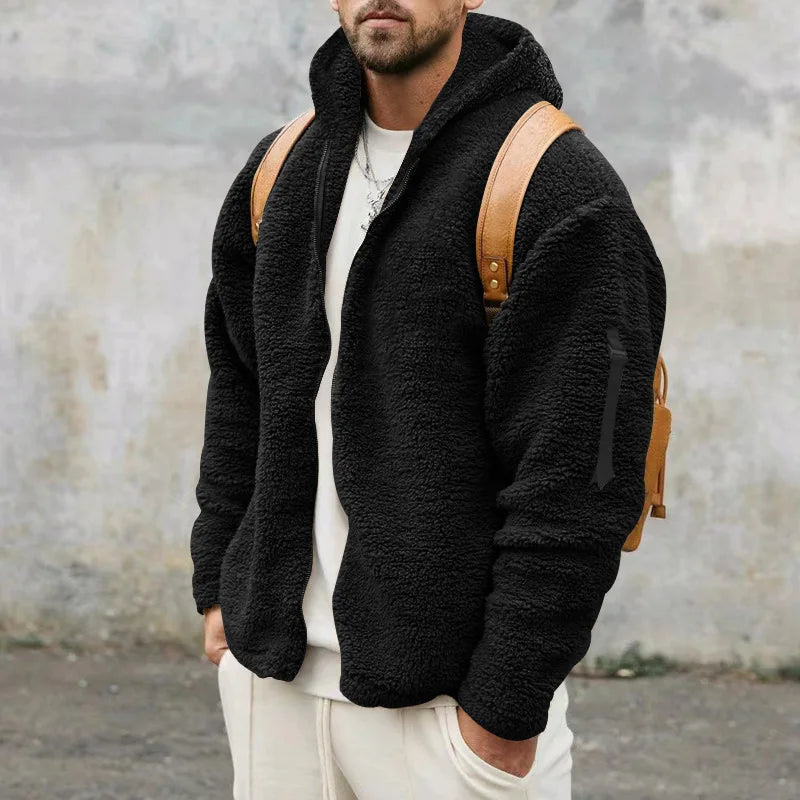 Herre hættejakke i teddyfleece med lynlås og lange ærmer