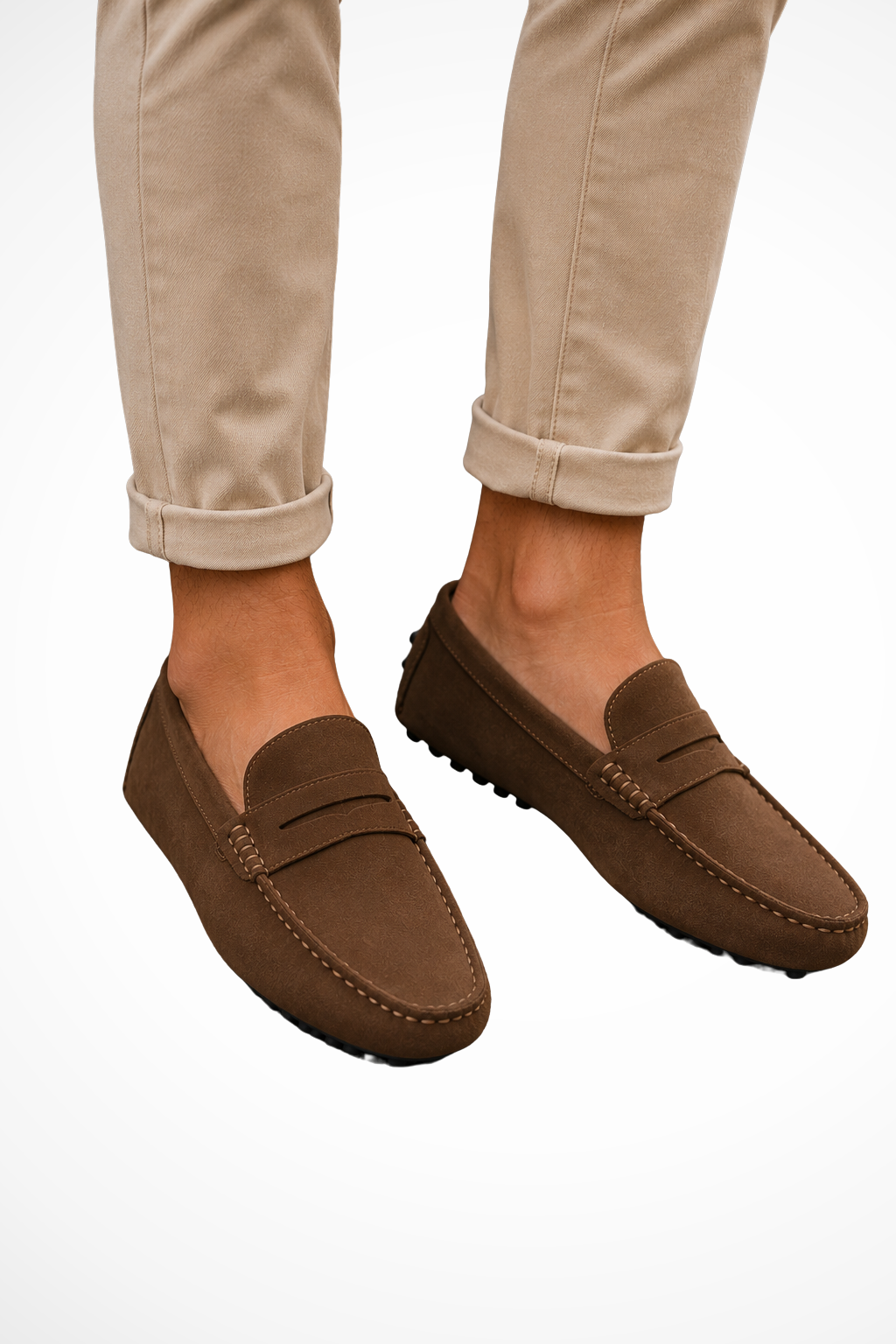 Herre loafers med mokkasinsyning, pyntestykke og rillet flad sål