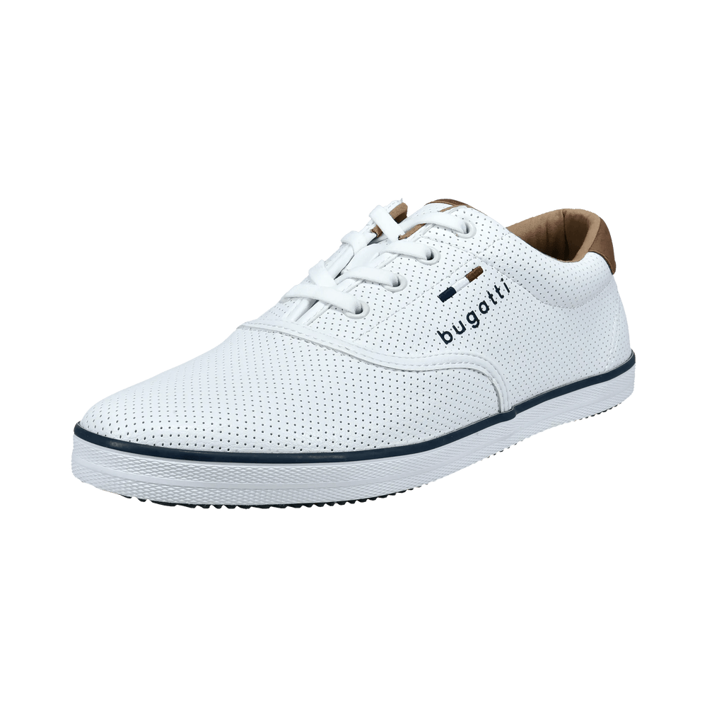 Hvide sneakers med perforeret overdel, snørebånd og brun hælkappe