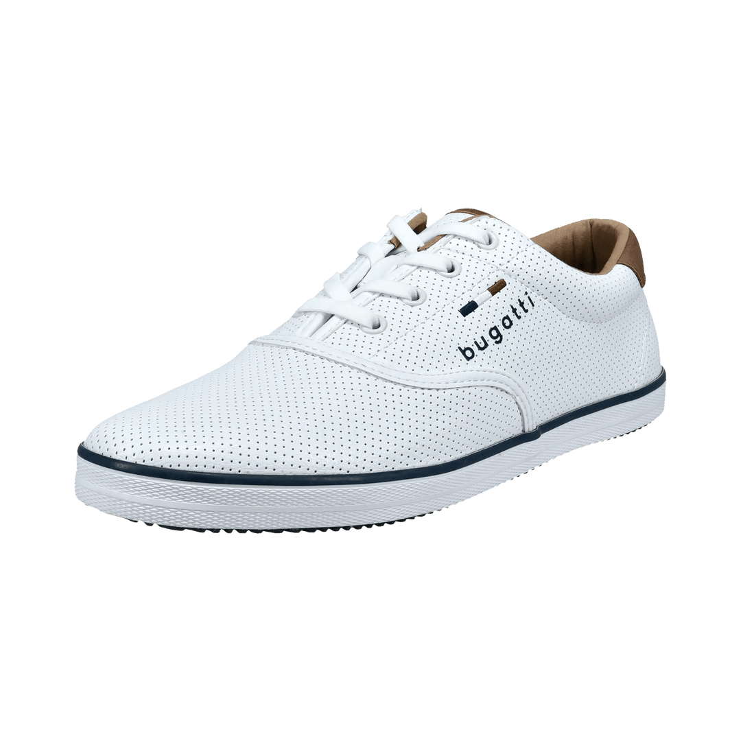 Hvide sneakers med perforeret overdel, snørebånd og brun hælkappe