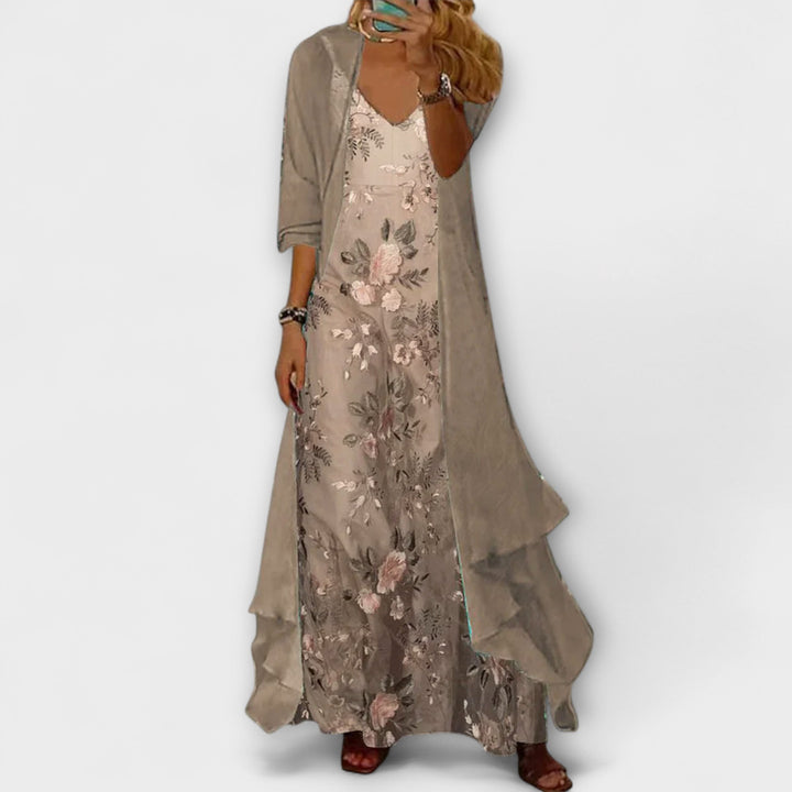 Women's Floral V Neck Layered Maxi Dress