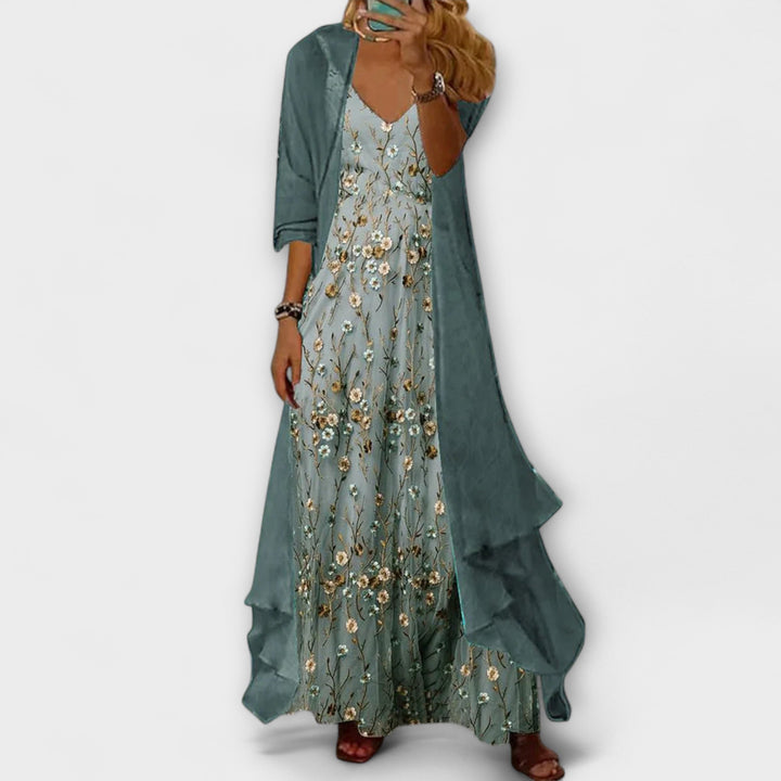 Women's Floral V Neck Layered Maxi Dress