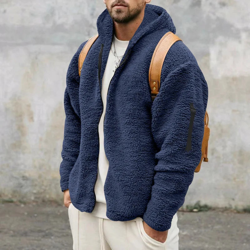 Herre hættejakke i teddyfleece med lynlås og lange ærmer