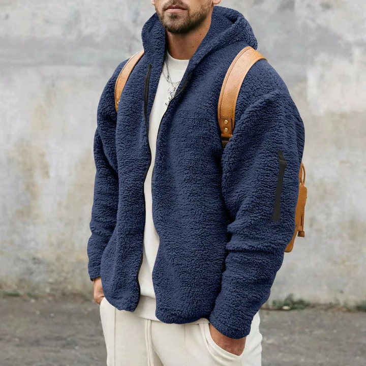 Herre hættejakke i teddyfleece med lynlås og lange ærmer