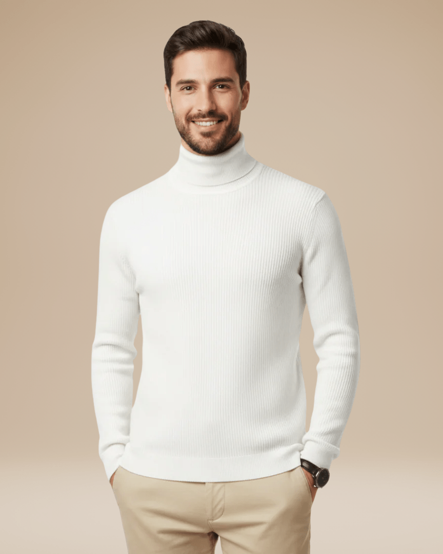 Herre i ensfarvet ribstrikket rullekravesweater med lange ærmer