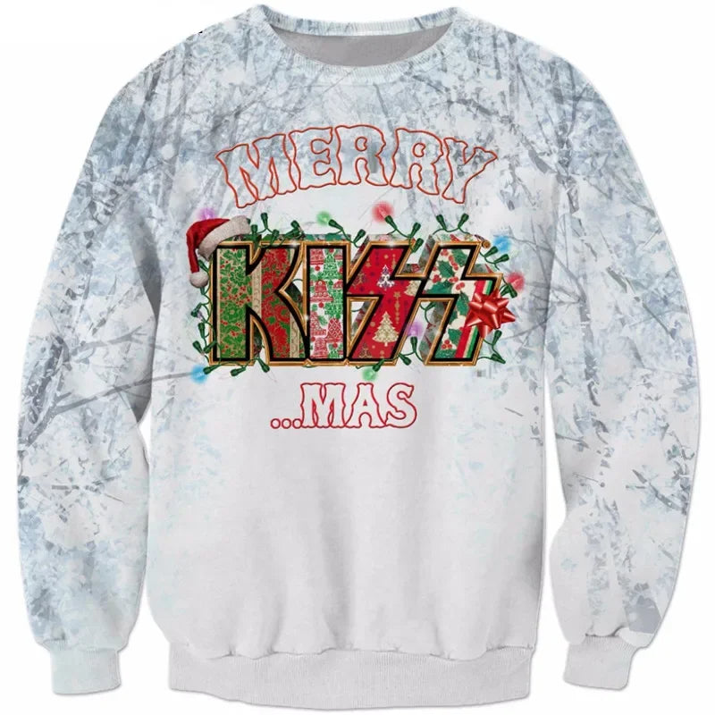 Sort herre juletrøje med rød-hvide julemotiver, snefnug, rensdyr og grafisk rockdesign