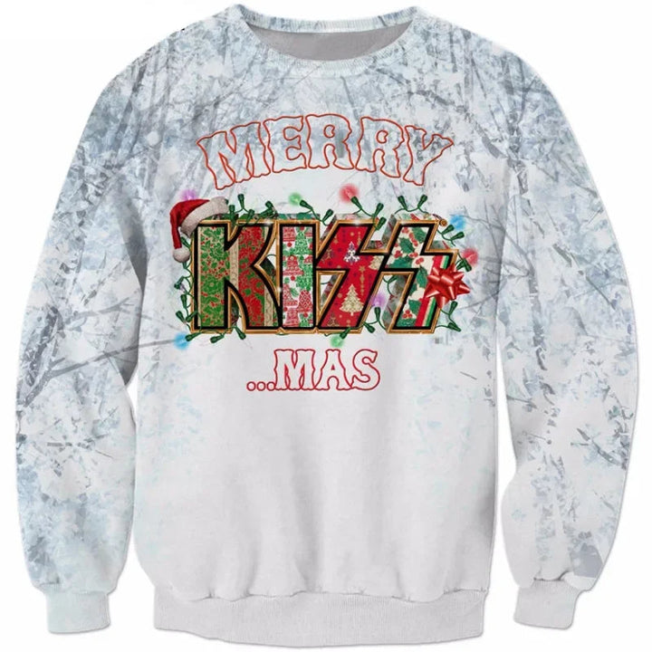 Sort herre juletrøje med rød-hvide julemotiver, snefnug, rensdyr og grafisk rockdesign