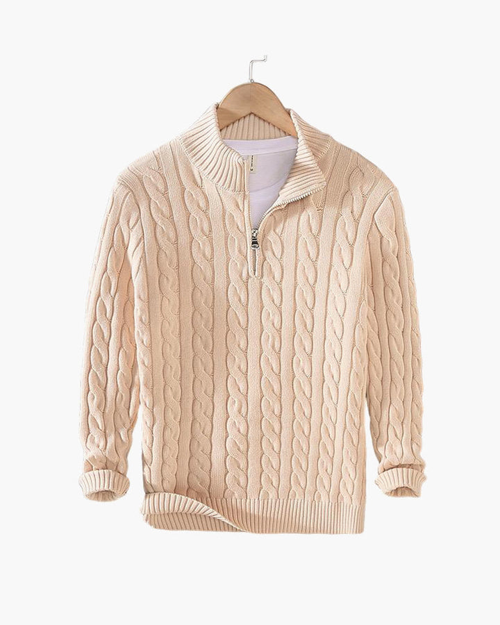 Herresweater med kabelstrik, høj krave og kort lynlås
