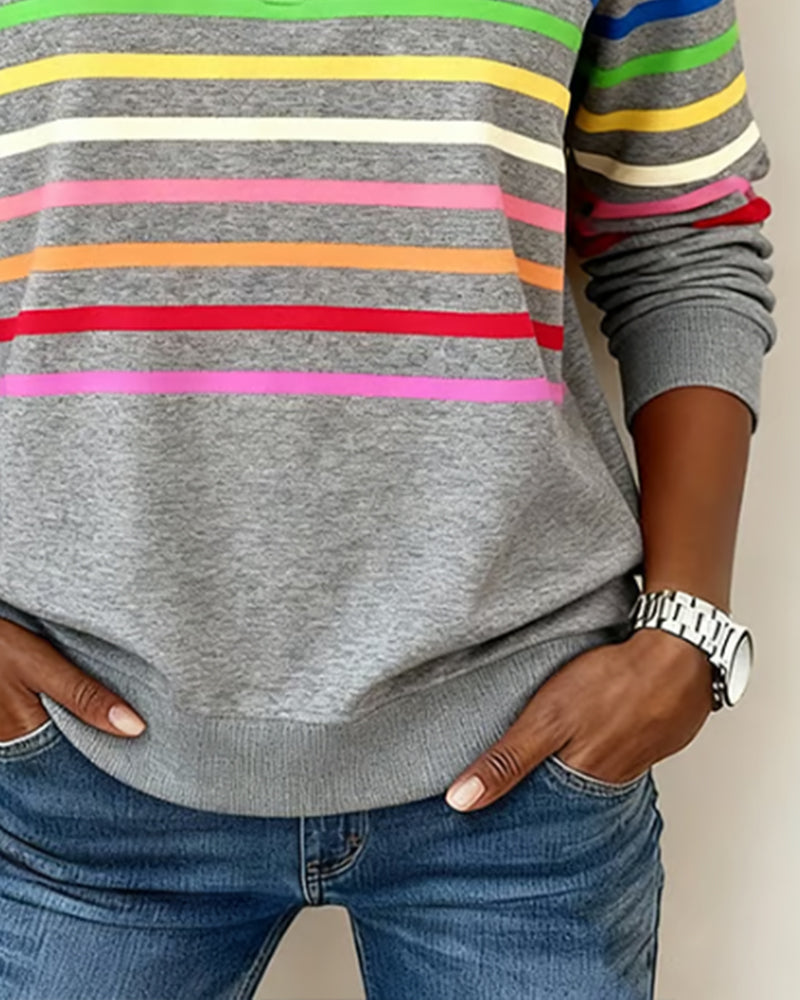 Damesweatshirt med flerfarvede vandrette striber, høj krave og lynlås