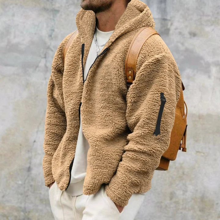 Herre hættejakke i teddyfleece med lynlås og lange ærmer