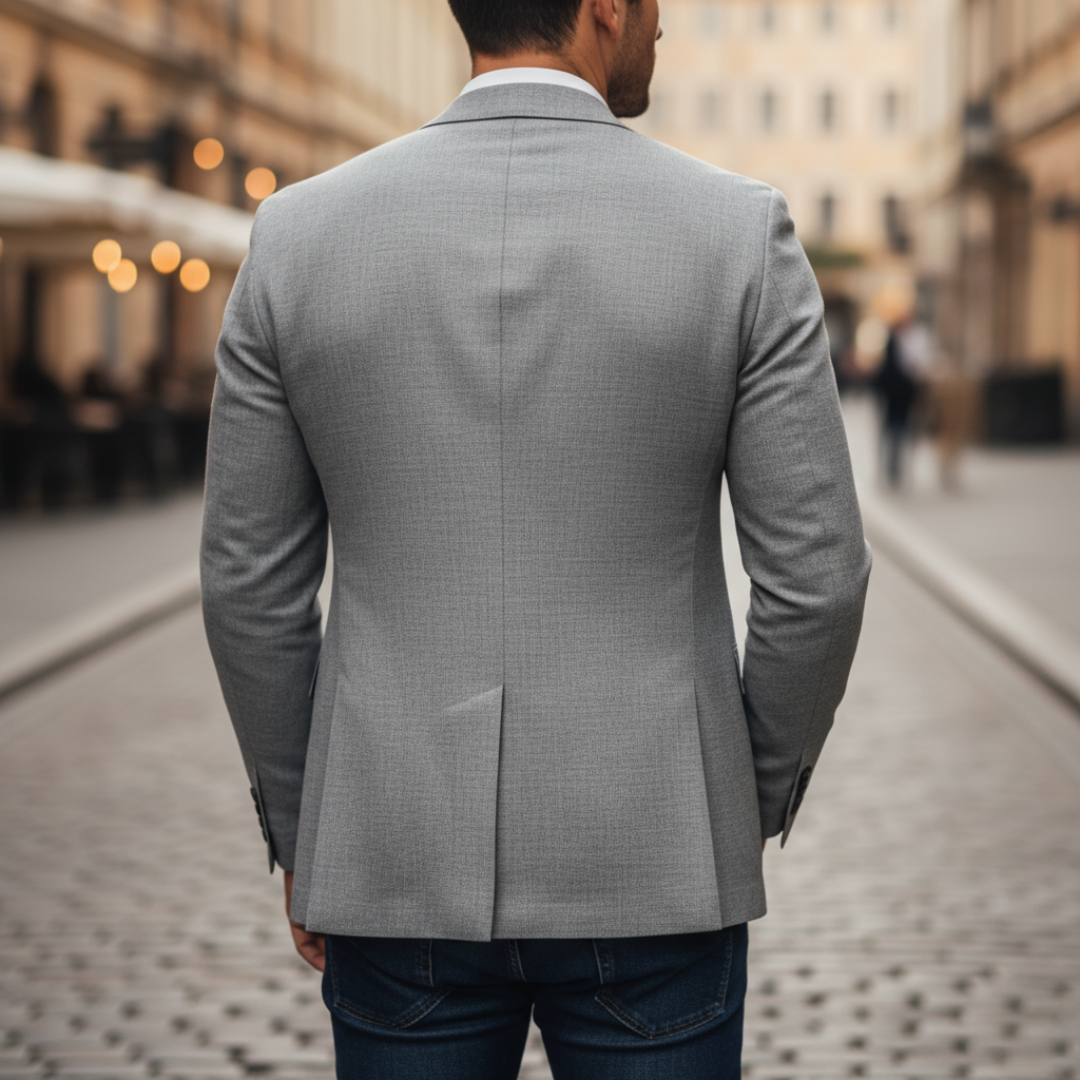 Herreblazer med slim pasform, reverskrave, enkelt knap og lommer