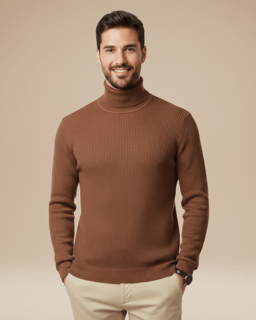 Herre i ensfarvet ribstrikket rullekravesweater med lange ærmer