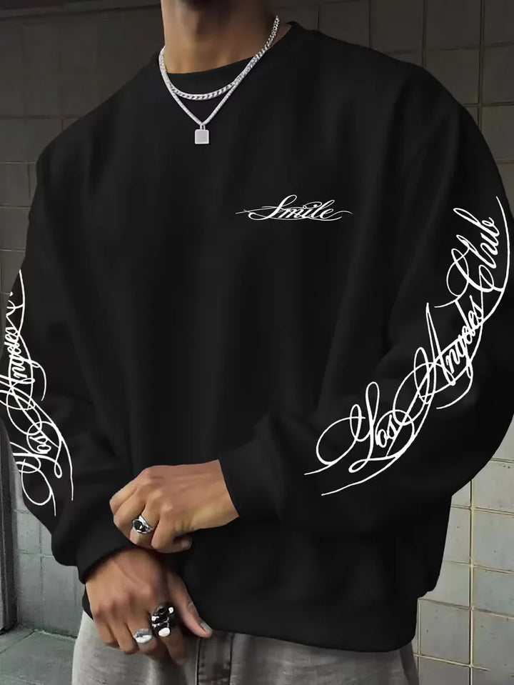 Herre sweatshirt med hvidt skriftprint på bryst og lange ærmer