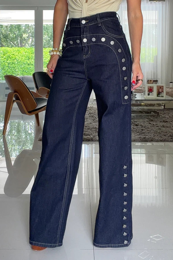 Mørke marineblå damejeans med høj talje, brede ben og metalnitter