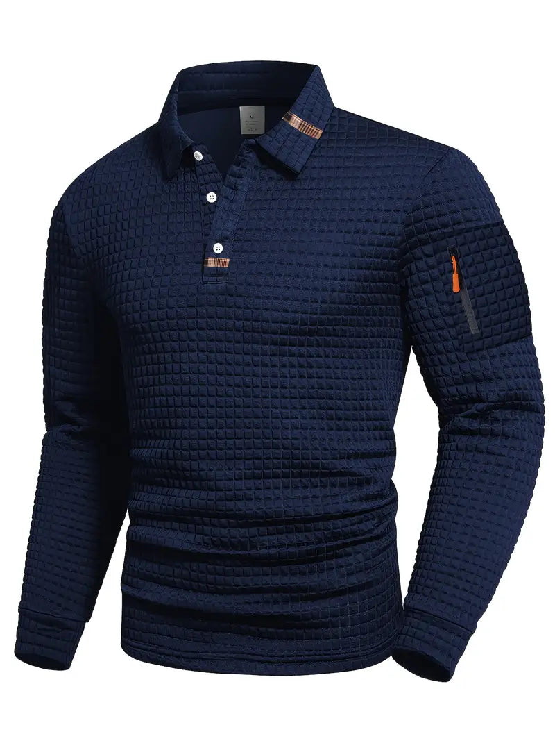 Langærmet herrepoloshirt med quiltet struktur, krave og lynlåslomme på ærmet