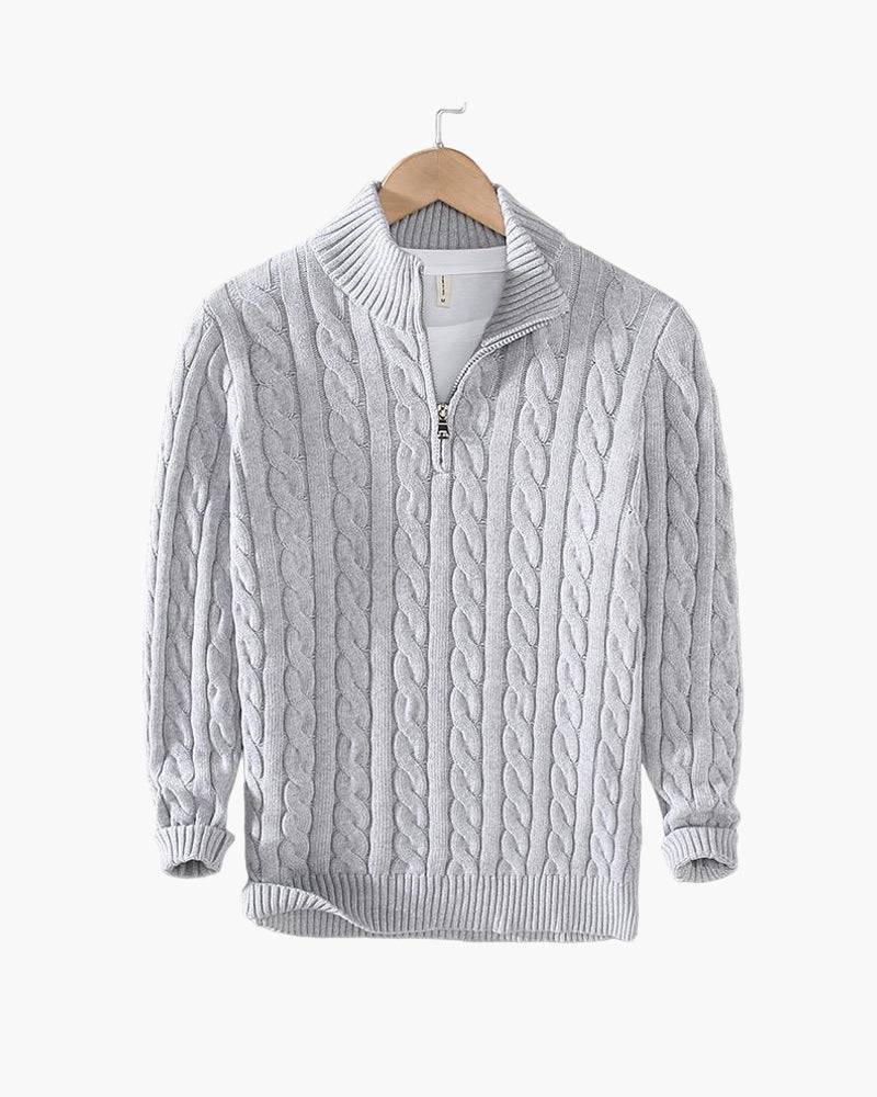 Herresweater med kabelstrik, høj krave og kort lynlås