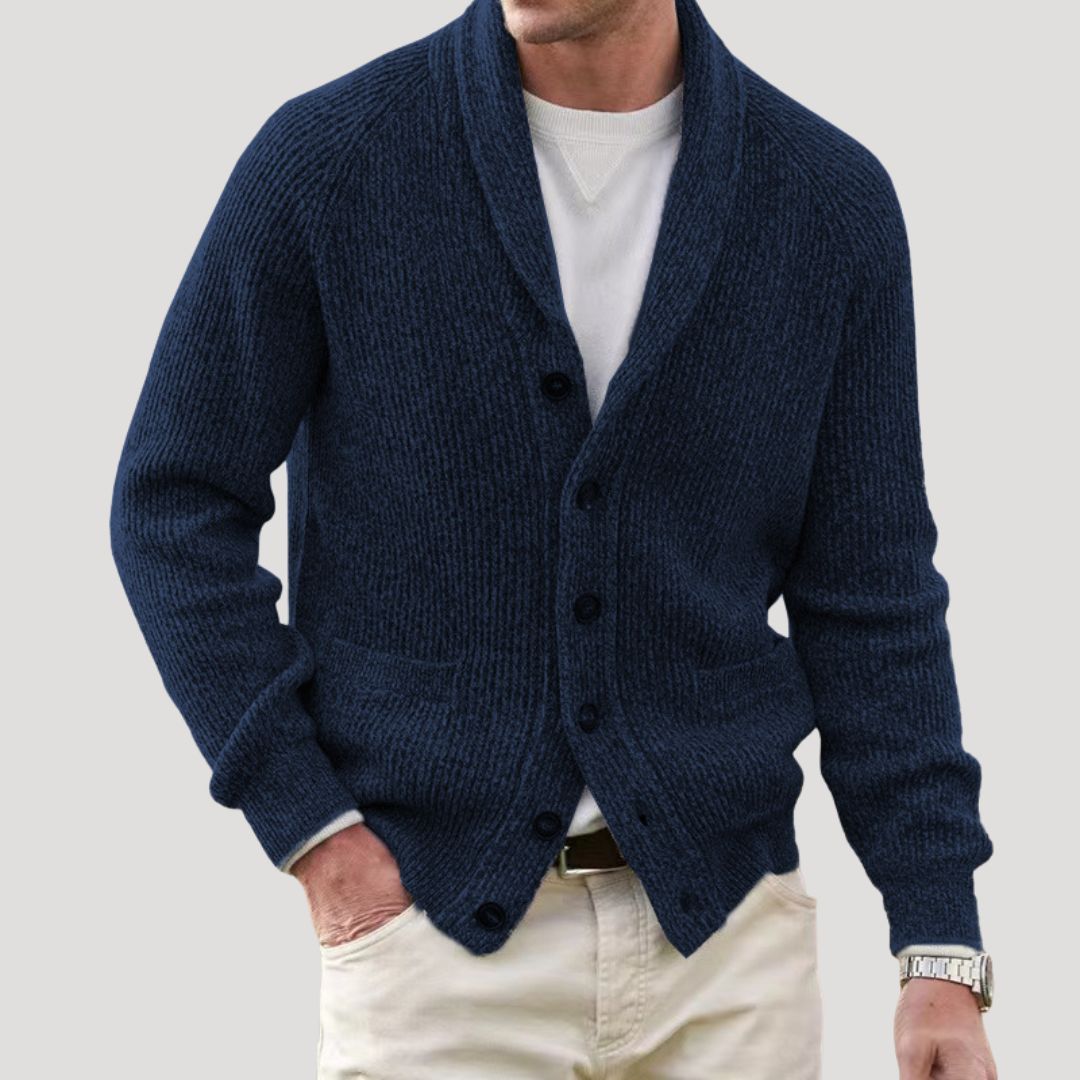 Herrecardigan med ribstruktur, sjalskrave, knapper og lange ærmer