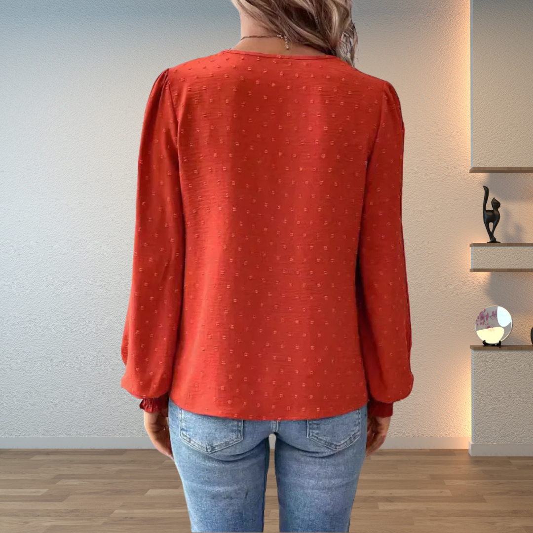 Damebluse med blondepanel, V-hals og lange ærmer